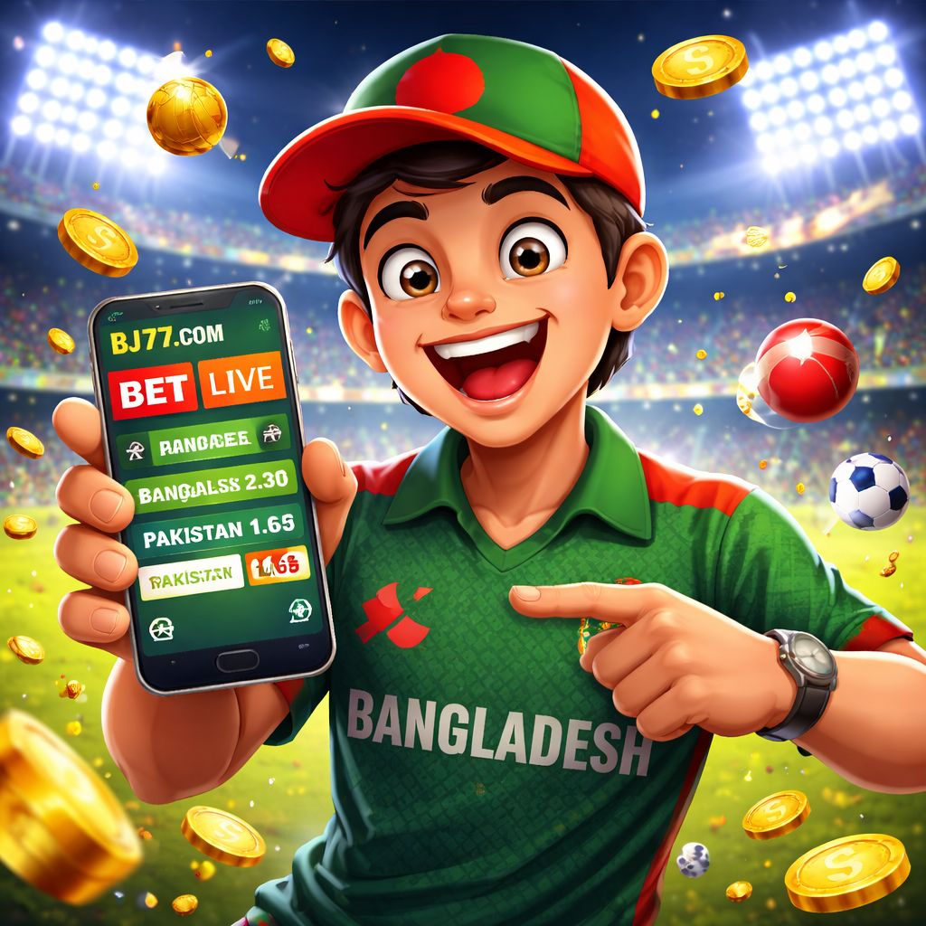 Cartoon cricket fan holding a phone with bj77.com Bet odds and coins