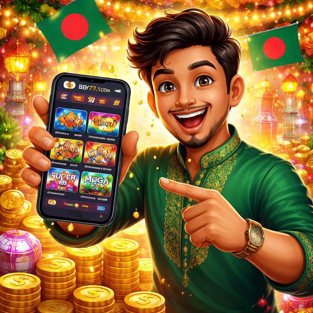 Cartoon casino player holding a smartphone with bj77.com style coins and game icons