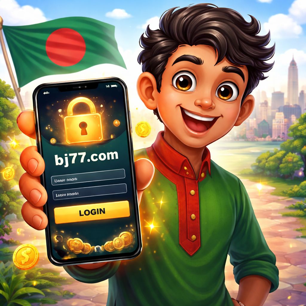 কার্টুন বাংলাদেশ খেলোয়াড় bj77.com মোবাইল ক্যাসিনো অ্যাকাউন্ট আনলক করছে কয়েন এবং নিরাপত্তা আইকন সহ